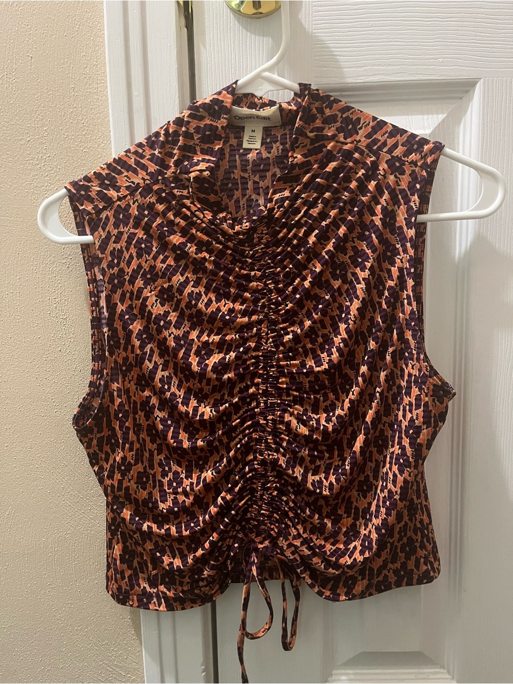 Sleeveless Ruched Floral Print Top - Orange/Purple